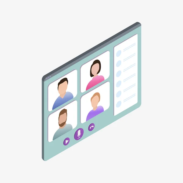 stock vector Video conference, online meeting with employees working remotely. People on computer screen taking with colleague. Videoconferencing and online meeting workspace. Isometric vector icon illustration