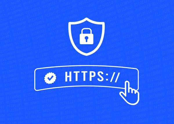 Https Hypertext Transfer Protocol Secure Concept 使用鼠标光标单击Https文本 挂锁安全图标和蓝色背景的搜索栏 显示平面设计概要向量 — 图库矢量图片