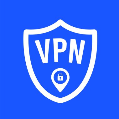 VPN vektör simgesi konsepti: güvenli ve özel internet erişimini sembolize eden düz mavi arka planda sanal özel ağ servis kalkanı ve pin işareti simgeleri. Vektör illüstrasyonu