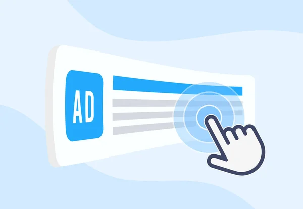 ターゲティング広告とクリック単価キャンペーンのコンセプトの有効性 ユーザーは検索エンジンのテキスト広告ブロックをクリックします ページ上で強調表示されている広告にマウスオーバーカーソルを合わせます — ストックベクタ