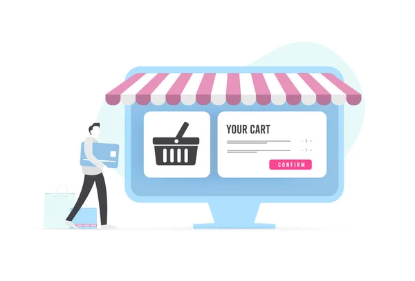 Mann Kauft Online Shop Mann Hält Bankkarte Mit Einkaufswagen Auf — Stockvektor