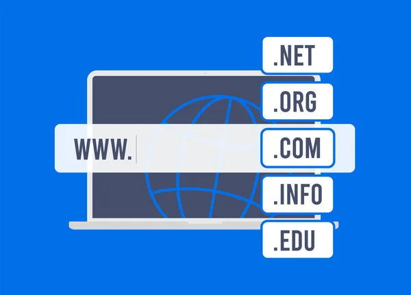 Register Domain Name 사이트 도메인 Seo 최적화하고 확장자로 순위를 노트북 — 스톡 벡터