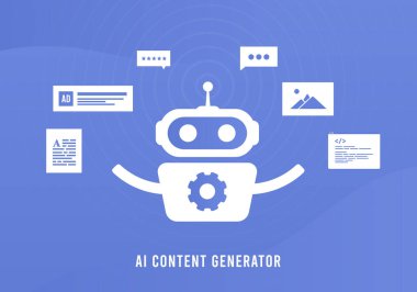 Al Content Generator konsepti. SEO yazıları, programlama kodu, ai oluşturma metni, sosyal medya resimleri ve smm içeriği pazarlaması için AI Sosyal Medya Otomasyonu.