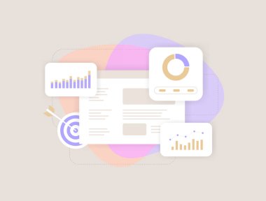 Çizelge ve grafik konseptli İş Raporlama Kontrol Paneli. İş veri analizi, araştırma sunumu, İş Performans Muhasebe Kontrol Paneli vektör illüstrasyonu.