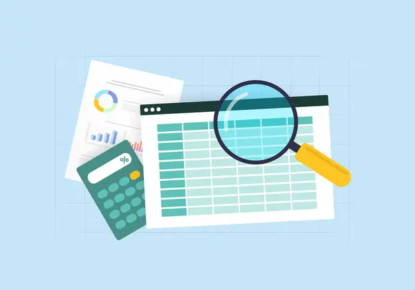 专业会计和财务审计 计算预算 产生报告和图表 商业会计师与工具 带有图标的蓝色背景上的矢量孤立图 — 图库矢量图片