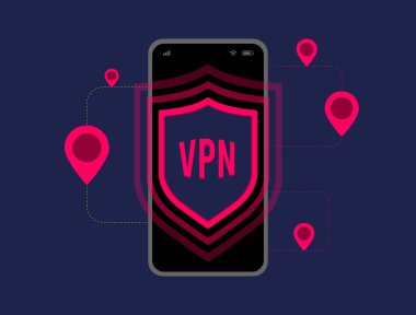 VPN Güvenlik Ağı. Şifreleme VPN yazılımıyla internet mahremiyeti geliştiriliyor. Anonim Tarama ve Web Sitesi Erişimi için Sanal Özel Ağ. Koyu arkaplanda simgelerle vektör illüstrasyonu.