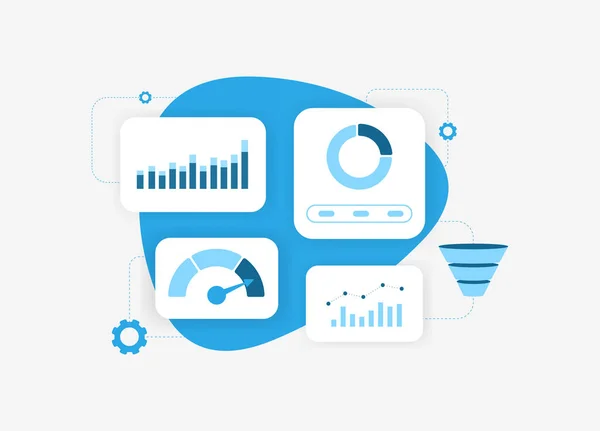 ビジネスレポートダッシュボード データ分析 チャート グラフ デジタルマーケティングにおける財務統計データレポートとKpi 青い背景にアイコンで隔離されたベクトルイラスト — ストックベクタ