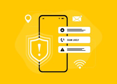 Kötü amaçlı yazılım bildirimi, mobil dolandırıcılık alarmı konsepti. Çevrimiçi tehditlerden, e-posta ya da virüsten kaçının. Sarı arkaplanda simgelerle izole edilmiş vektör illüstrasyonu.