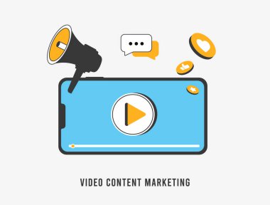 Video pazarlama konsepti. Küçük işletme ve kişisel sosyal medya video içeriği için video içeriği pazarlama ile dijital reklamcılık ve SEO stratejisi. Beyaz arkaplanda düz vektör illüstrasyonu.