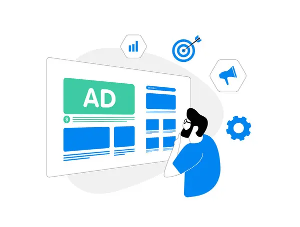 精准的营销与编程广告和本土目标 利用自动化程序优化广告放置和受众参与 白色背景的矢量说明 — 图库矢量图片#