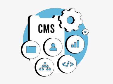 CMS - içerik yönetim sistemi. İçerik, yönetim, kullanıcı ayarları, seo, yapılandırma için web sitesi yönetimi mobil uygulama yazılımı. Simgelerle izole edilmiş Cms vektör çizimi.