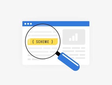 SEO şema belirleme konsepti - yapılandırılmış veriler, arama motoru optimizasyonu, geliştirilmiş arama sonuçları ve gelişmiş web sitesi görünürlüğü. Şema gösterimi ile büyüteç ve web arayüzü.