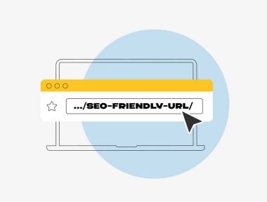 SEO-friendly URLs improve search engine rankings with clear, keyword-focused structures. Boosts website visibility, enhances organic traffic and simplifies user navigation. Vector illustration clipart