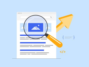 SEO Optimization for Image Search. Enhance visibility in image search by using optimized alt tags, descriptions and metadata. Search results with highlighted seo image. Isolated vector illustration. clipart