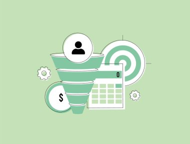 Cost per lead - sales funnel, target, dollar sign, and calculator. Digital marketing, lead generation metrics, online advertising costs and ROI analysis visuals isolated vector illustration. clipart