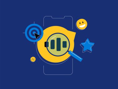 Social listening with analytics, customer feedback tracking, sentiment analysis and brand reputation monitoring. Audience insights, digital marketing tools and mobile-focused data illustration. clipart