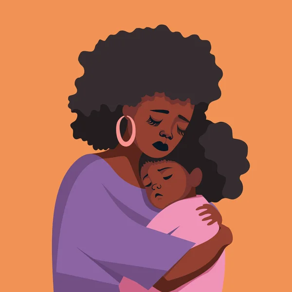 Θλιβερή Μαύρη Γυναίκα Που Αγκαλιάζει Ένα Παιδί Προσχολικής Ηλικίας Αμερικανίδα — Διανυσματικό Αρχείο