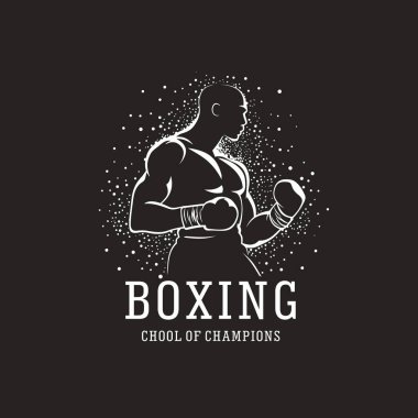 Boxer siluet Logo tasarım vektör şablonu. Bir Dövüşçüyle Dövüş Spor ve Spor Amblemi. Vektör illüstrasyonu.