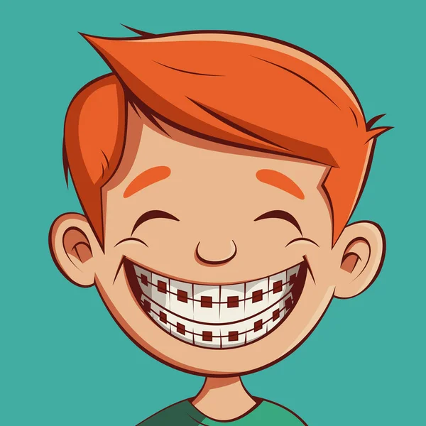 喜びで笑って歯にブレースを持つ少年 ベクターイラスト — ストックベクタ