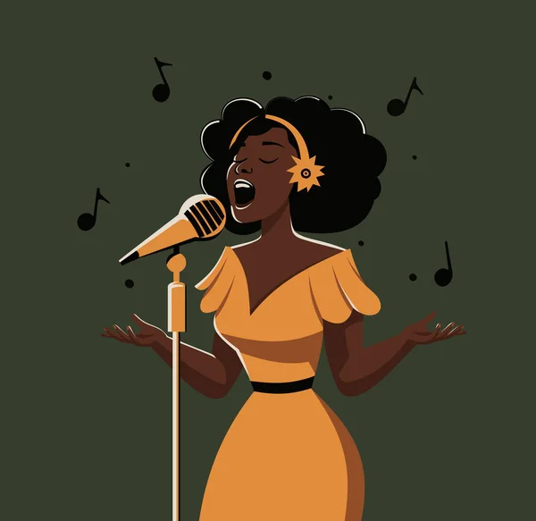 African American Soul Singer Beautiful Woman Yellow Dress Sings Microphone — Stock Vector