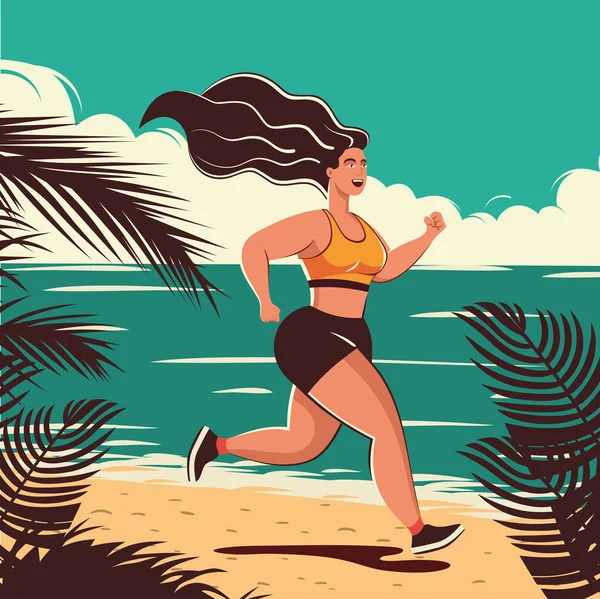 해변을 달린다 활동적 방식의 비만인 여자는 체중을 줄이려고 조깅을 감량이라는 — 스톡 벡터
