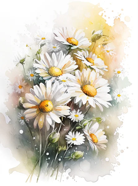 Akvarell Virágok Kamillavirág Illusztráció Összetétel Esküvői Vagy Üdvözlőlapra Festés — Stock Fotó