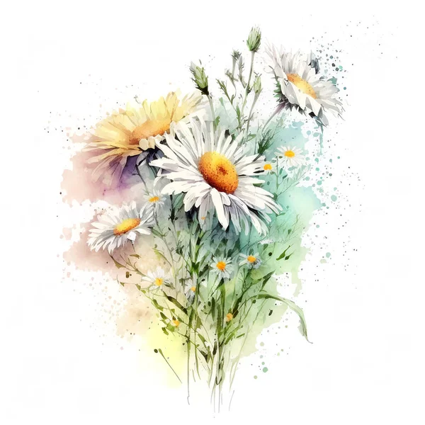 Akvarelové Květiny Heřmánkový Kytice Ilustrace Složení Pro Svatební Nebo Blahopřání — Stock fotografie