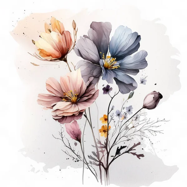 Narin Suluboya Çiçekler Tebrik Kartı Tasarımı Elle Kompozisyon Yazdırılabilir Çiçek — Stok fotoğraf