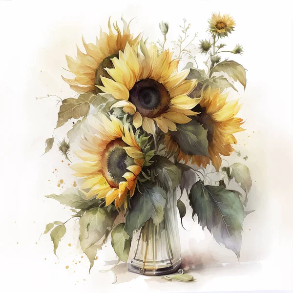 Akvarell Bukett Solrosor Vas Akvarell Höst Bukett Blommig Illustration För — Stockfoto