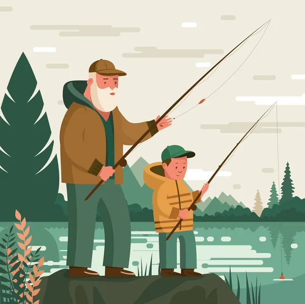 Büyükbaba Çocuk Yaz Günü Birlikte Nehirde Kırsalda Balık Tutuyorlar Yaşlı — Stok Vektör