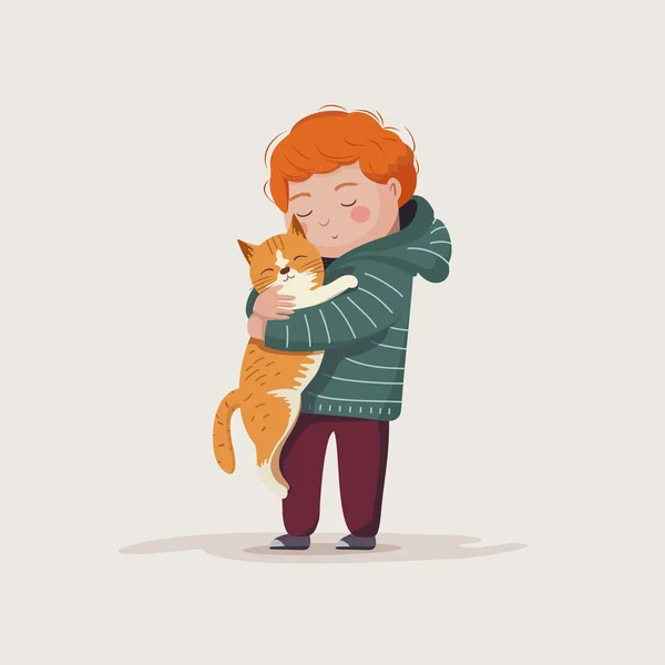 Menino Gengibre Amorosamente Abraça Seu Gato Gengibre Rapaz Que Adora —  Vetores de Stock