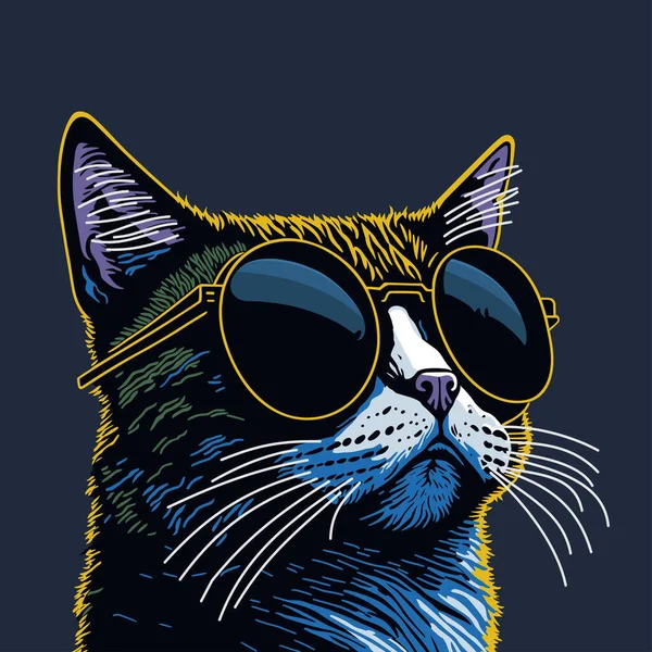 Gözlüklü Kedi Portresi Vektör Sanat Illüstrasyonu Tişört Tasarımı — Stok Vektör