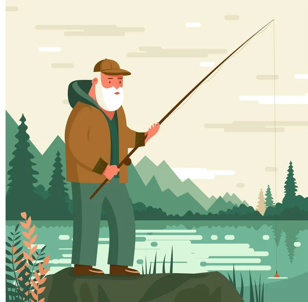 Взрослый Мужчина Рыбачит Летний День Реке Сельской Местности Старик Рыбачит — стоковый вектор