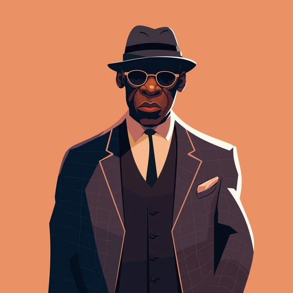 Young Black Man Wearing Suit Hat Sunglasses Retro African American — Stock Vector