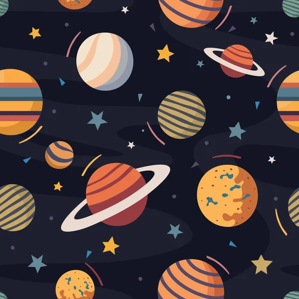Patrón Sin Fisuras Del Espacio Con Planetas Estrellas Textura Repetida — Vector de stock