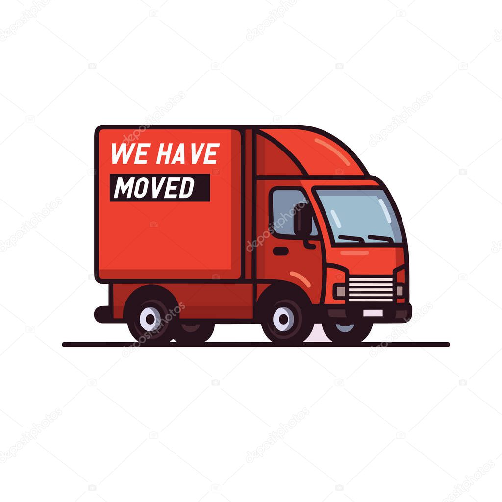 We have moved red car on white background. Delivery and shipping of the product to the client. Flat vector illustration.