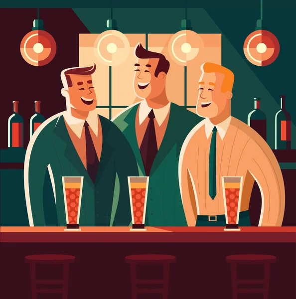 朋友们一起在酒吧喝酒 遇见三个喝啤酒等酒精饮料的男人 人们坐在酒吧里谈论生活 室内有装饰的咖啡店 以平面表示的向量图 — 图库矢量图片