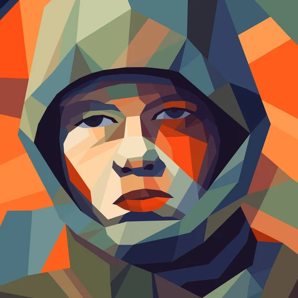 Vektorpolygonales Porträt Eines Soldaten Junges Soldatengesicht Mit Dschungel Tarnfarbe Psychische — Stockvektor