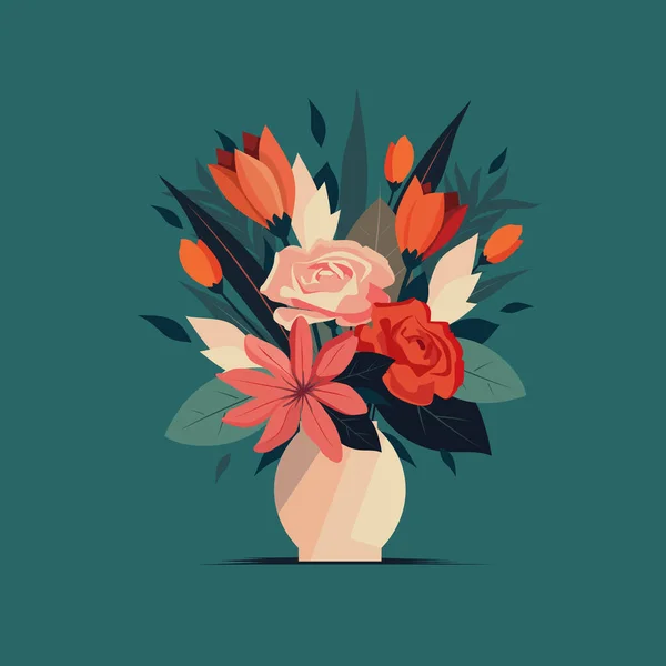 花瓶ベクトルフラットイラストでゴージャスな花束や装飾枝 葉を持つ美しい花構成 花やハーブ ベクターイラスト — ストックベクタ