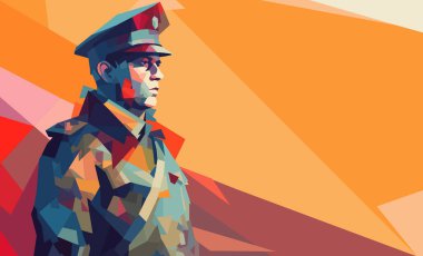 Bir askerin çokgen portresini yönlendir. Silahlı kuvvetlerde bir subay. Cesaret kavramı ve ülkesine hizmet etme azmi..