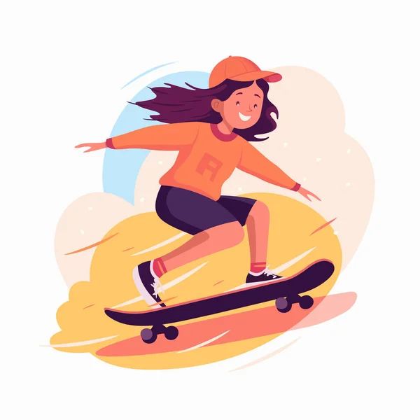 Usmívající Teen Dívka Jezdí Skateboardu Extrémní Sporty Jízda Skateboardu Vektorové — Stockový vektor