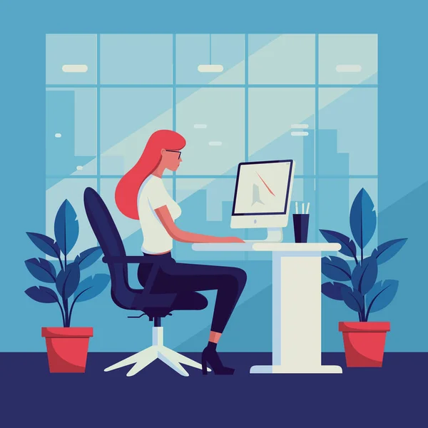 Young Woman Secretary Working Computer Office Assistant Girl Sitting Computer — Stock Vector