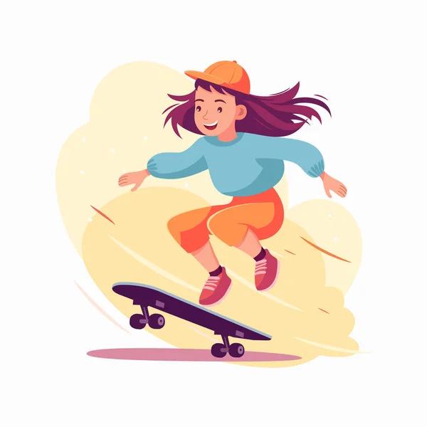 Usmívající Teen Dívka Jezdí Skateboardu Extrémní Sporty Jízda Skateboardu Vektorové — Stockový vektor