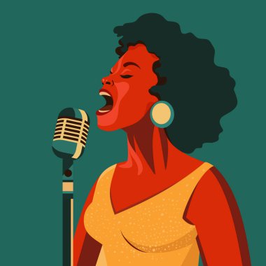 Sahnede kadın caz şarkıcısı. Mikrofonda şarkı söyleyen, elbise giyen Afrikalı Amerikalı bir vokalist. Düz renkli vektör