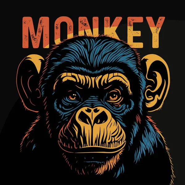 五颜六色的带有猴黑猩猩脸的病媒海报 黑色背景的肖像 T恤衫设计海报矢量艺术 — 图库矢量图片#