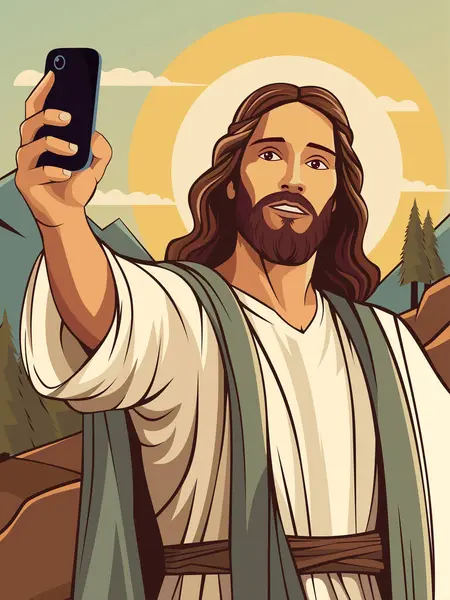 耶稣以自私自利为社交媒体 快乐的耶稣在山上用智能手机 矢量说明 — 图库矢量图片#