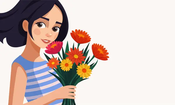 Bir Buket Çiçek Tutan Mutlu Kadın Uluslararası Kadınlar Günü Anneler — Stok Vektör