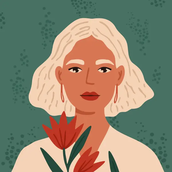 Piękna Kobieta Blond Włosami Trzymająca Kwiat Koncepcja Wektorowa Pastelowych Kolorów — Wektor stockowy