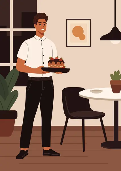 侍者拿着一个盘子 上面放着浆果蛋糕和甜点 青年男子 咖啡馆或餐馆工作人员 服务人员 — 图库矢量图片#
