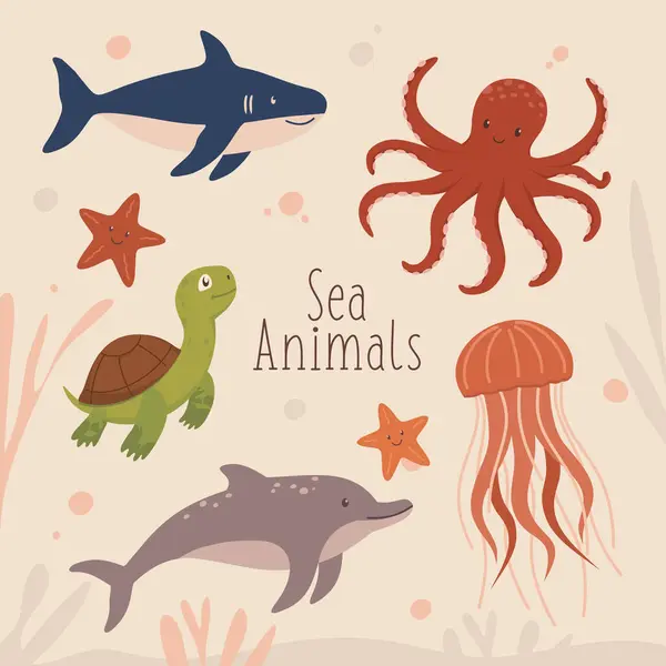 与海生动物合群的病媒 海洋世界的居民在平面设计 可爱的海洋动物 矢量说明 — 图库矢量图片#